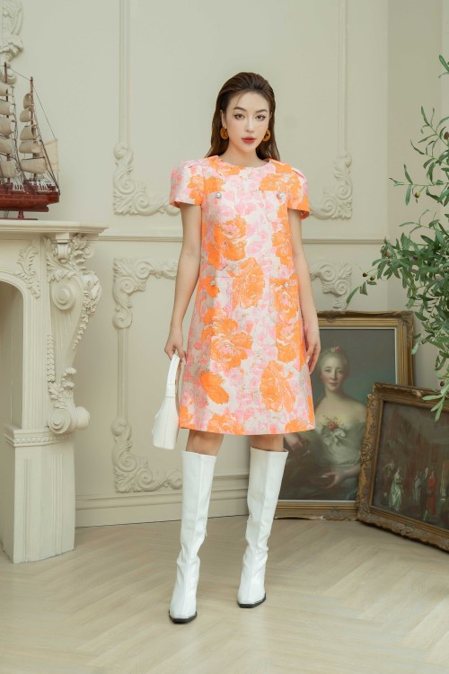 Sixdo Orange Rose Midi Brocade Dress